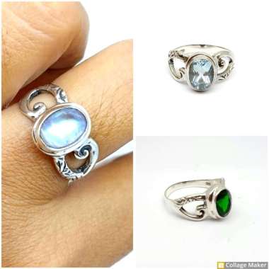 Cincin Ring Perak Silver Bali Asli 925 Batu Natural Blue Topaz Moonstone Green quartz Keong Ukir Wan