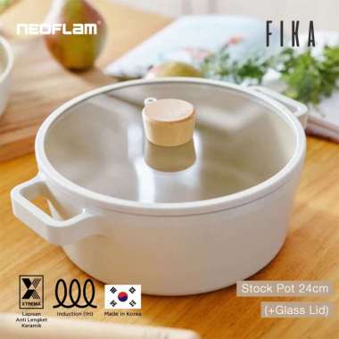 Neoflam FIKA 22cm Stock Pot Keramik Anti Lengket untuk Kompor Induksi, Gas, dan Listrik - Putih dengan Gagang Motif Kayu