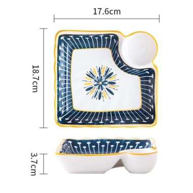Yelo C Peralatan Makan Keramik Mewah Motif Bunga Biru Bergaris Kuning Piring Mangkok, dan Piring Saj