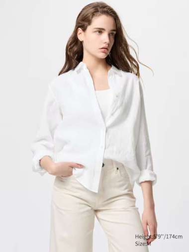 UNIQLO Kemeja Premium Linen Wanita Lengan Panjang white XL