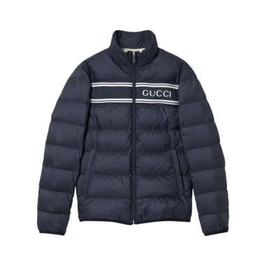 [12.12 Dealcember] Gucci Logo Striped Print Nylon Puffer Jacket Navy 46 Blue