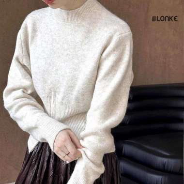 Sweater Warna Solid Longgar Pakaian Rajut Lengan Panjang Ritsleting Wanita Off-Putih