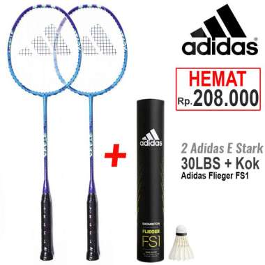 Paket 2 Raket Badminton Adidas E Strak dan Shuttlecock Flieger FS1 Speed 77 Putih isi 12
