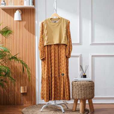ELZAURA - GZ05 Gamis Midi Dress Rayon Motif Bunga Mix Rompi Knitting Caramel