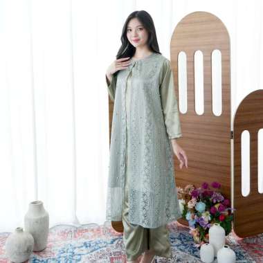 Nuboutique – Navia Set – Setelan Gamis Tunic Brukat Wanita Baju Lebaran sage International ​- One Si