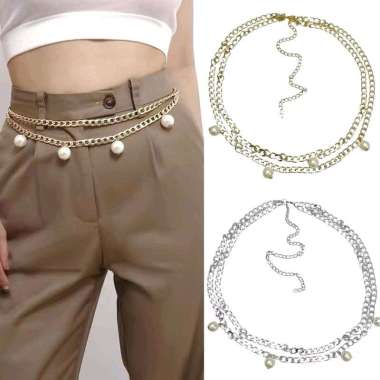 Chainne Pearl Double Layer Chain Belt Ikat Pinggang Rantai Mutiara Dua Lapis Multilayer Edgy Retro H