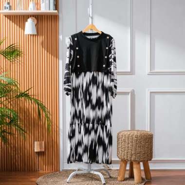 ELZAURA - GZ03 Gamis Midi Dress Rayon Motif Rompi Knitting Hitam