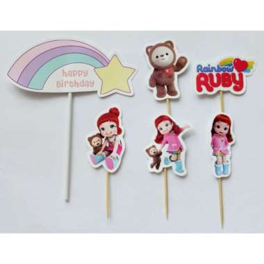 satu set cake topper hiasan kue ulang tahun tema Rainbow Ruby