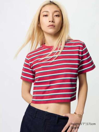 UNIQLO T-Shirt Crop Top motif Garis Crew Neck Wanita RED S
