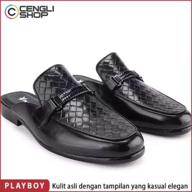 SEPATU SANDAL PLAYBOY PRIA ORIGINAL KULIT ASLI ORI SENDAL SLIP ON SLOP SELOP HITAM BLACK PL04