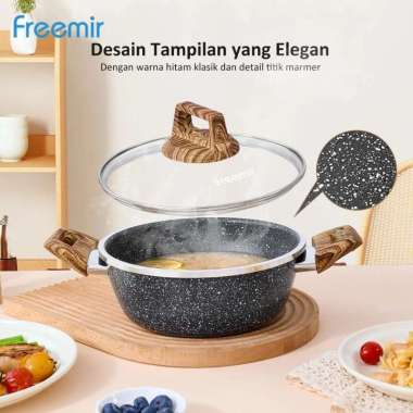 Freemir Wajan Panci 20 Cm Tutup Kaca Wajan Anti Lengket Hitam Lapisan Granit
