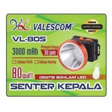PROMO Senter Kepala Valescom Cas Baterai 80 Watt VL-80S Cahaya Putih / Kuning + GRATIS Bohlam Lampu 