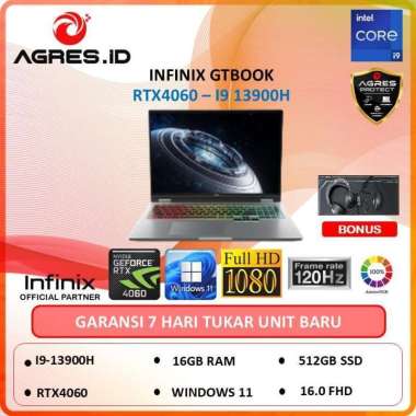 INFINIX GTBOOK I9 13900H RTX4060 8GB RAM 16GB SSD 512GB W11 16" FHD 120HZ 100%SRGB RGB 1YR Tanpa Off