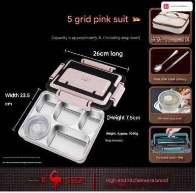 SSGP Stainless Steel 316L Five-Grid Insulation Portable Lunch Box – 2L Capacity pink