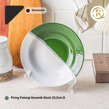 Piring Pelangi 2 Warna Stoneware Keramik 8inch 20,5cm Polos B Hijau Putih