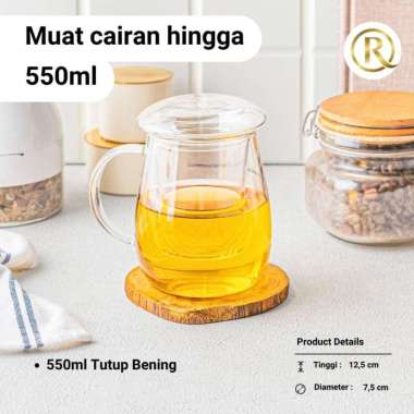 Gelas Cangkir Teh Bening Aesthetic 550ML Glass Infuser Tea Tutup Bening