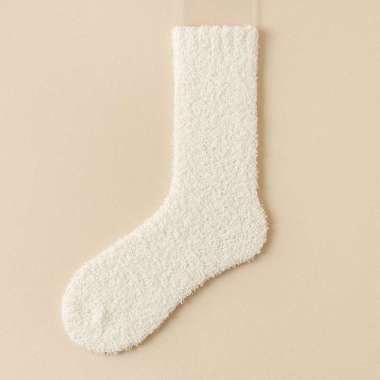 Kaos Kaki Tebal Panjang Wanita Katun Polos Warna Plush Velvet Mid Calf Socks JCKK276 White