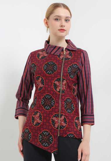 Arjuna Weda Blouse Batik Lurik Jlamprang 18300035 - Merah Tua 3XL