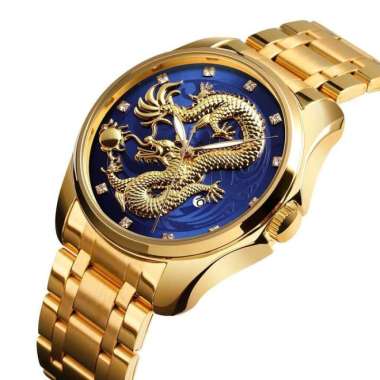 Jam Tangan Analog Pria Motif 3D Dragon Naga Stainless Steel Waterproof Gold Hitam