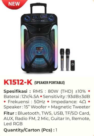 Speaker Advance K1512K / K1512-K / K1512 K Bluetooth Karaoke 15 Inch Free 2 mic Wireless
