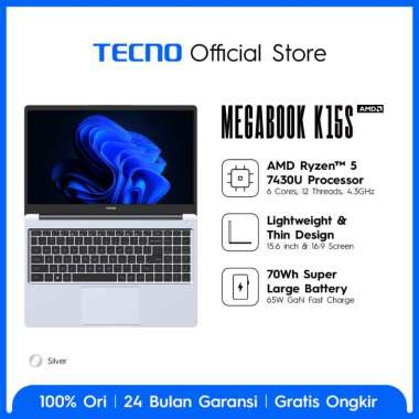 TECNO MEGABOOK K15S โ 8+512GB, AMD Ryzen 5 โ 7430U Processor, 70Wh Battery up to 17.5hours, 65Watt G