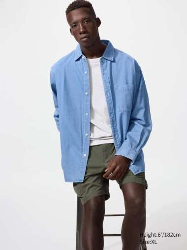 UNIQLO Kemeja Luaran BLUE Denim Overshirt Pria Lengan Panjang L