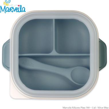 Marveila Silicone Plate with Spoon & Lid - Silver Blue
