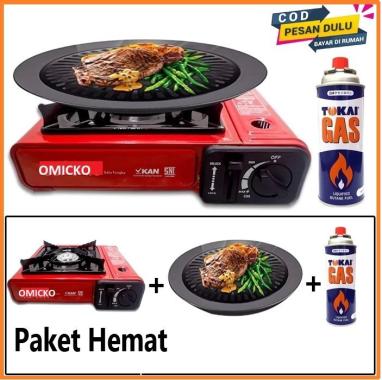 paket kompor portable omicko + ultra grill pan + gas tabung kaleng+tas