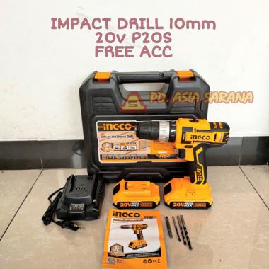 Cordless Drill 10mm Impact ECO INGCO CIDLI200215 / Bor Tembok Set P20S