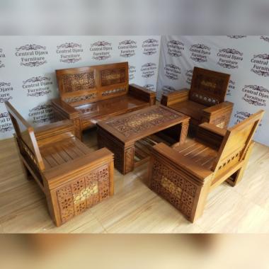 Kursi Meja Tamu Triple Koin Kayu Jati Ukir Minimalis Mebel Jepara