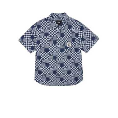 MLB CHECKERBOARD MONOGRAM DENIM SHORT SHIRT NAVY 100% Authentic M