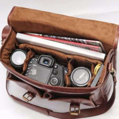 VERISH Basic DSLR - Tas Kamera DSLR Mirrorless Kulit Sapi Asli Selempang Muat Laptop - La Vaches Lea