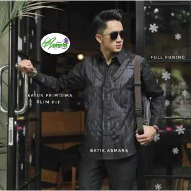 WISNU HITAM Kemeja Batik Pria Lengan Panjang Lapis Furing Kemeja Batik Slimfit Bahan Katun Fashion B