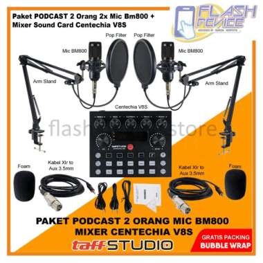 Paket PODCAST Live 2 Orang Mic Bm800 + Mixer Sound Card Centechia V8S + Arm Stand Holder Mic