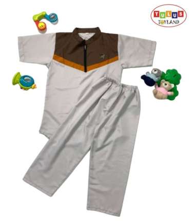 Baju Koko Anak Laki Laki Setelan Koko Anak pakaian baju muslim anak Resleting 10 Coklat Abu