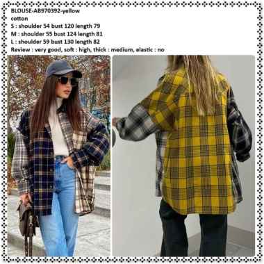 AB970392 Baju Atasan Kemeja Kotak Yellow Tunik Wanita Korea Import Big Size Oversize Jumbo