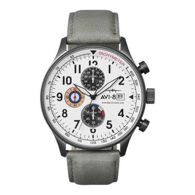 Jam Tangan Pria AVI-8 Hawker Hurricane AV-4011-0B Classic Chronograph White Dial Grey Leather Strap