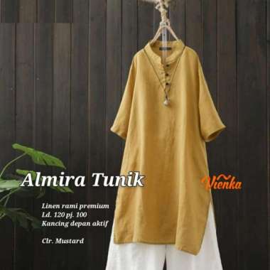 Long Tunik Wanita Polos|Dress Wanita Tunik Putih Linen LD 120|Almira - Mustard Mustard