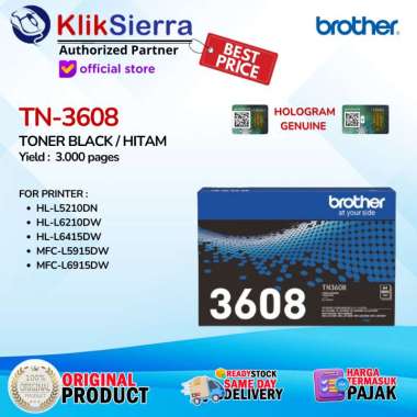 BROTHER TN-3608 Toner Black Original - for Printer L5210DN / L6210DW / L6415DW / L5915DW / L6915DW -