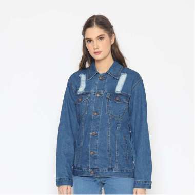 2Nd RED Basic Jaket Jeans Wanita Aksen Ripped- Mid Biru 292103 S