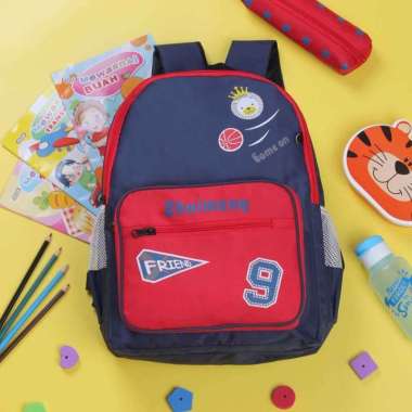 Tas Ransel Anak Sekolah Cowok Laki Laki SD TK Lucu Bonus Tempat Pensil - Merah Hitam Merah Hitam