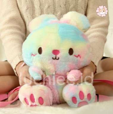 TAS RANSEL GENDONG ANAK PEREMPUAN BONEKA KELINCI RABBIT LUCU HALUS SNI - Cream Rainbow Pink