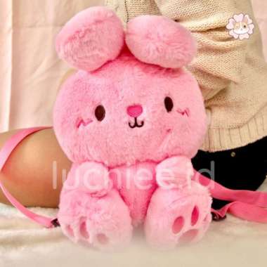 TAS RANSEL GENDONG ANAK PEREMPUAN BONEKA KELINCI RABBIT LUCU HALUS SNI - Cream Merah Muda