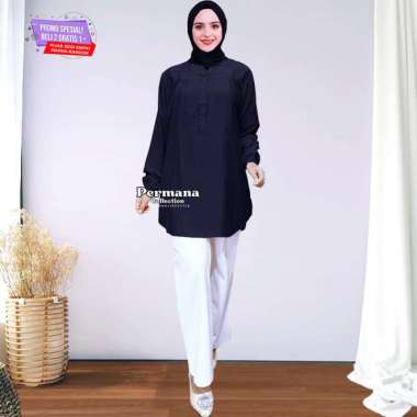 Baju Atasan Blouse wanita Kemeja Lengan panjang Dongker Jumbo Dewasa - Dongker Tua, L M Dongker Tua