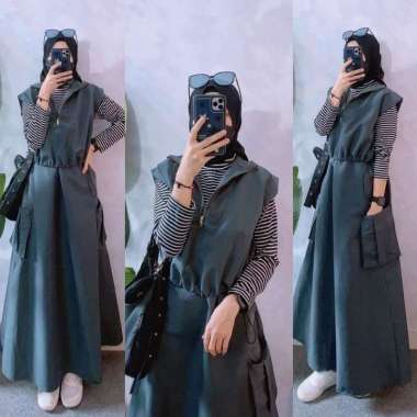 Setelan gamis wanita - Mikha SET (Dress+Outer) Motif Salur Setrip ABU TUA