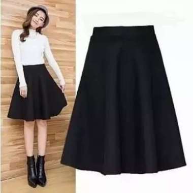 Rok Midi Flare Skirt scuba / Polo mini/ rok payung lebar pendek mayung - Hitam Hitam