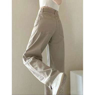 Celana Jeans Longgar Wanita Pinggang Tinggi Khaki Muda Korea Baru XXL Khaki