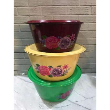 SSA Baskom Tutup Enamel Baskom Motif Bunga ukuran 23 cm dan 25 cm Warna Merah Kuning dan Hijau 25cm,