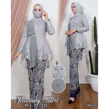 SET KEBAYA BLOUSE SELENDANG AUREL - MODEL KEBAYA - BAJU KEBAYA PESTA DAN WISUDA MODERN M SILVER