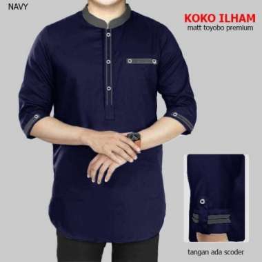 Pin&Ko Koko Kurta Ilham S M L XL XXL 3XL Koko Qurta Pakaian Muslim Pria Dewasa Navy XL